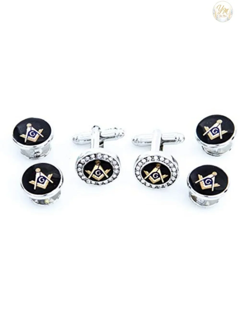 MRCFF Freemason Masonic Crystal Silver Tone Cufflinks & Studs Tuxedo Set Gift